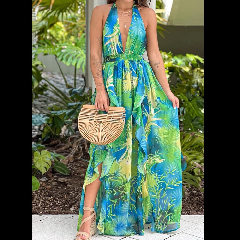 Backless Ruffled Maxi Dress with Slit